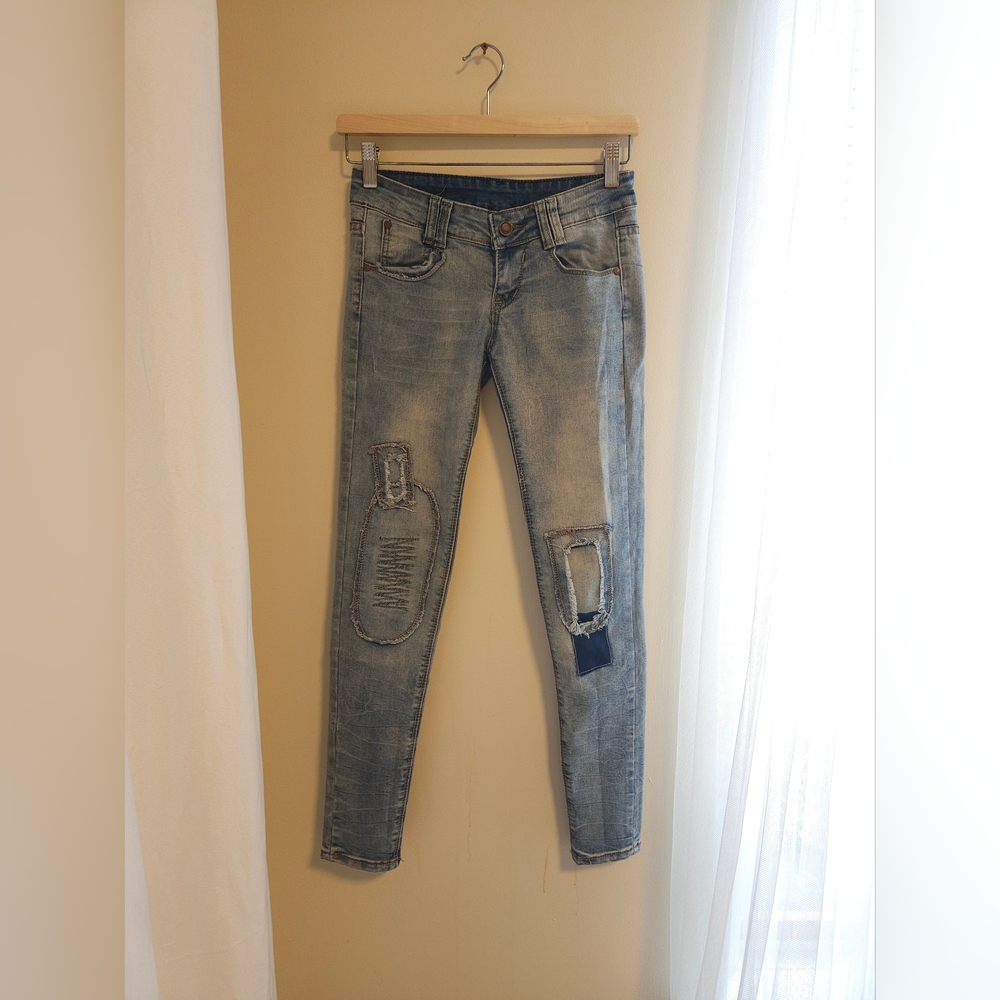 Vintage Low-Rise Elastic Distressed Patchwork Skinny Jeans